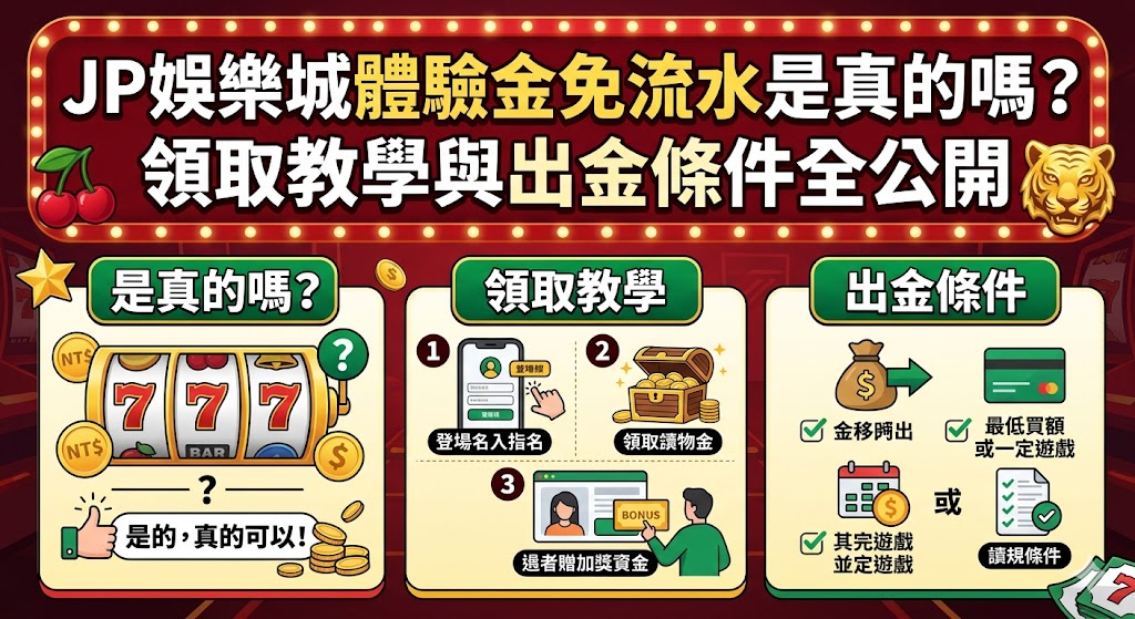JP娛樂城體驗金免流水是真的嗎？領取教學與出金條件全公開